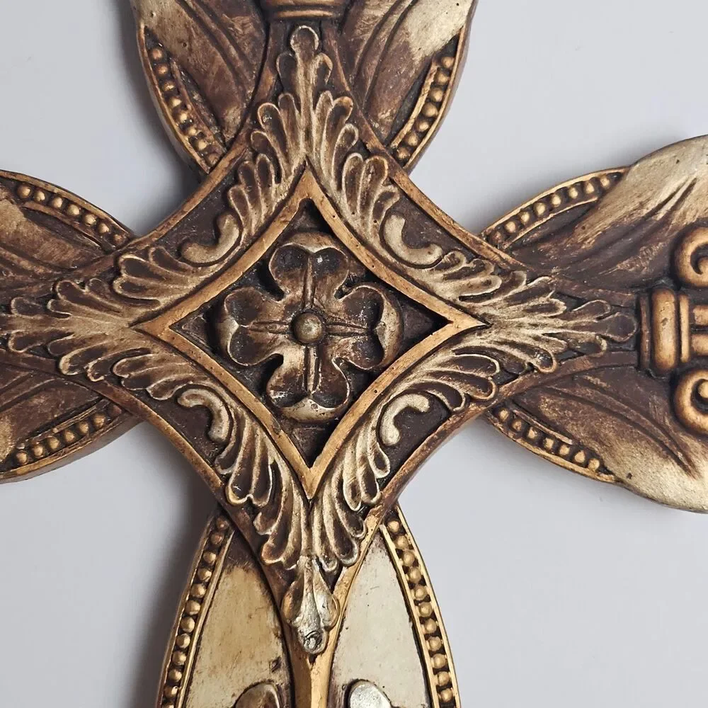 Ornate Wall Cross Fleur De Lis Gothic Gold Bronze Resin Religious Decor 14